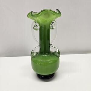 Vtg MCM Atomic Murano Style Art Glass Vase Hand Blown Spiraled Green Dbl Handles